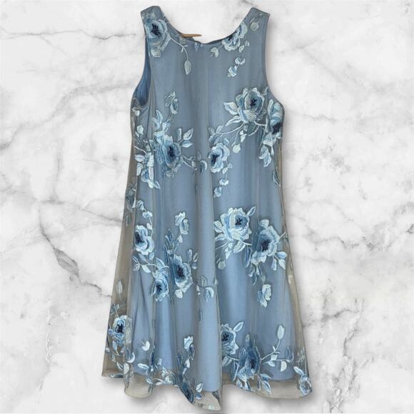 Vintage Y2K Babydoll Embroidered Sheer Overlay Floral Blue Dress Womens Medium - Picture 1 of 7